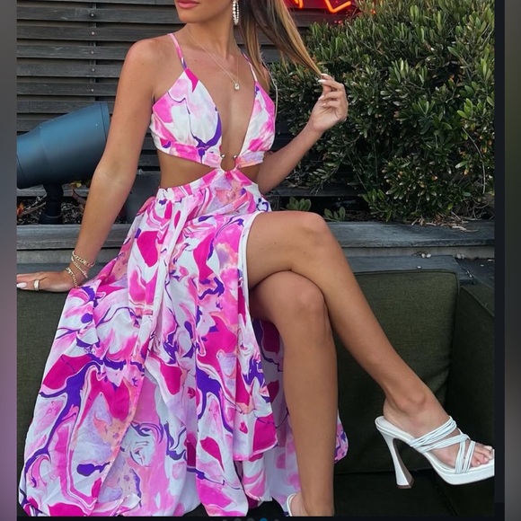 Pink, White & Purple Marble Print Summer Beach Maxi Dress - Picture 8 of 12